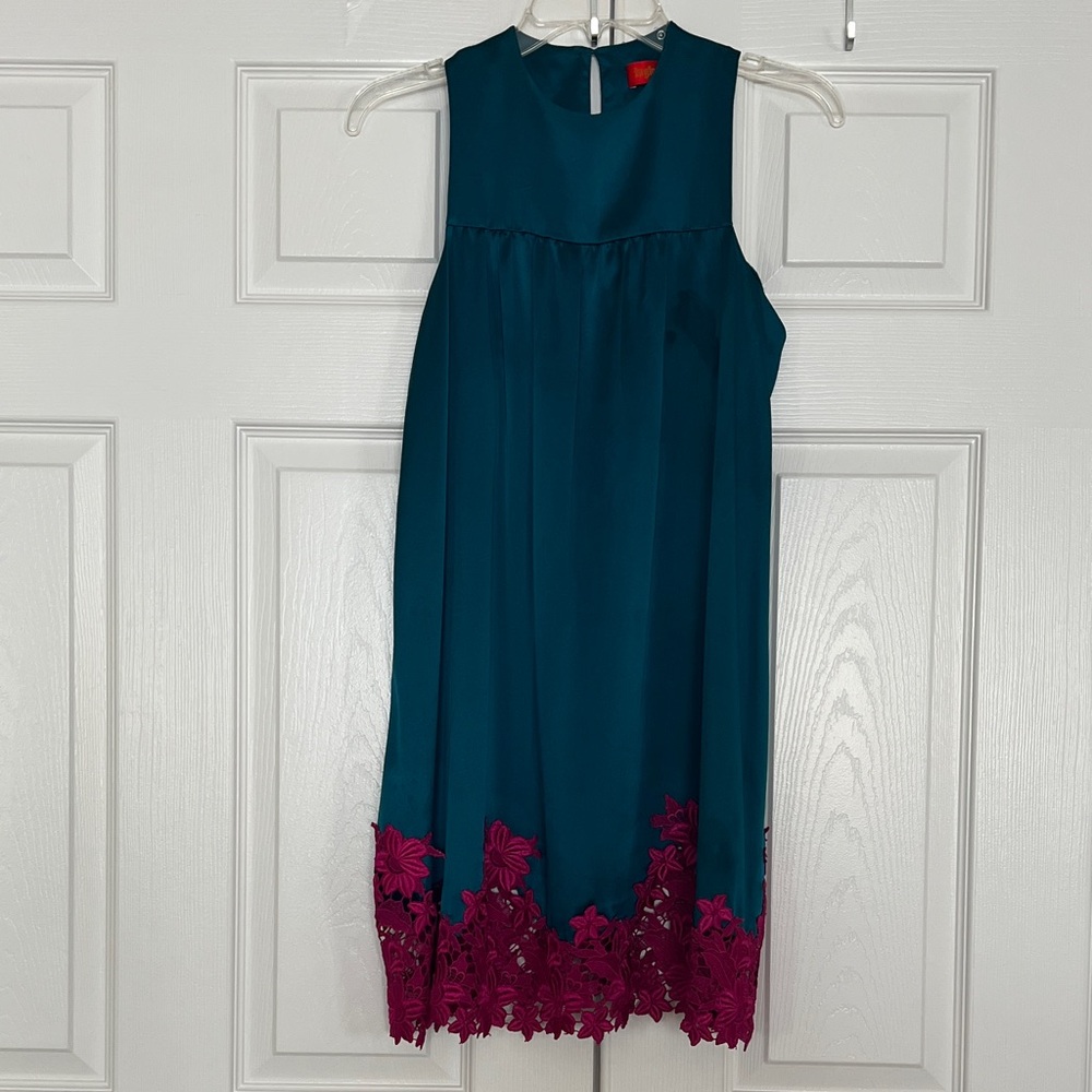 Ingwa Melero Silk Sleeveless Teal Midi Dress with Fuchsia Lace Trim At The Hem